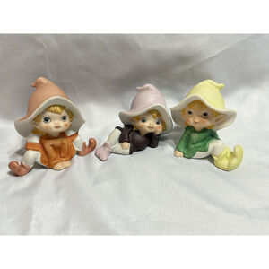 Vintage Homco 5213 Interior Pixie Elves Figurines With Tulip Hats Fairies